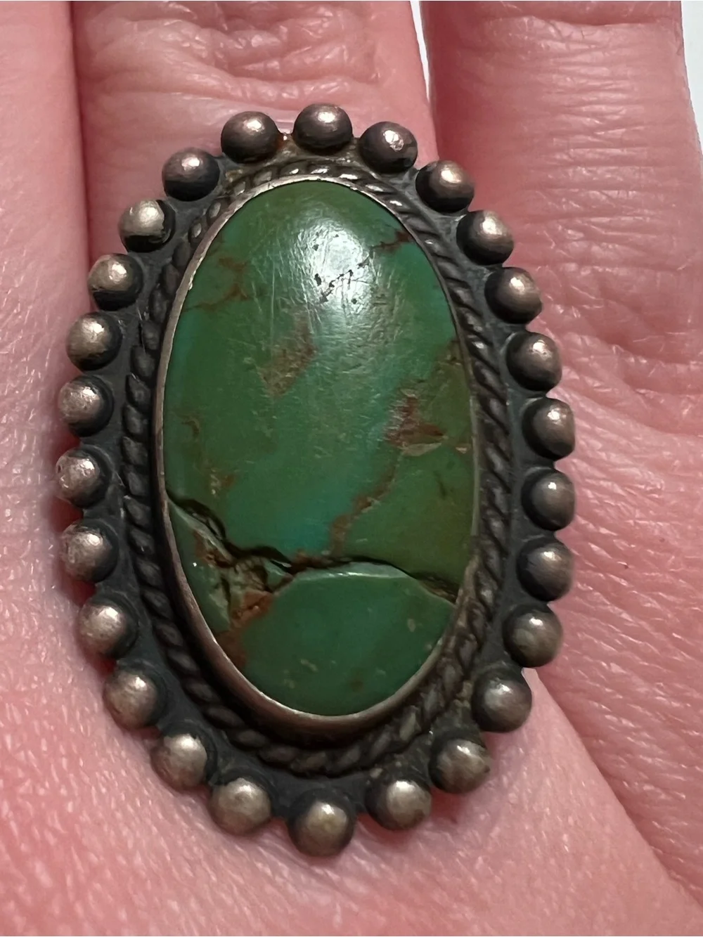 925 Sterling Silver Oval Green Turquoise Bezel Set Southwestern Ring Size 6.5